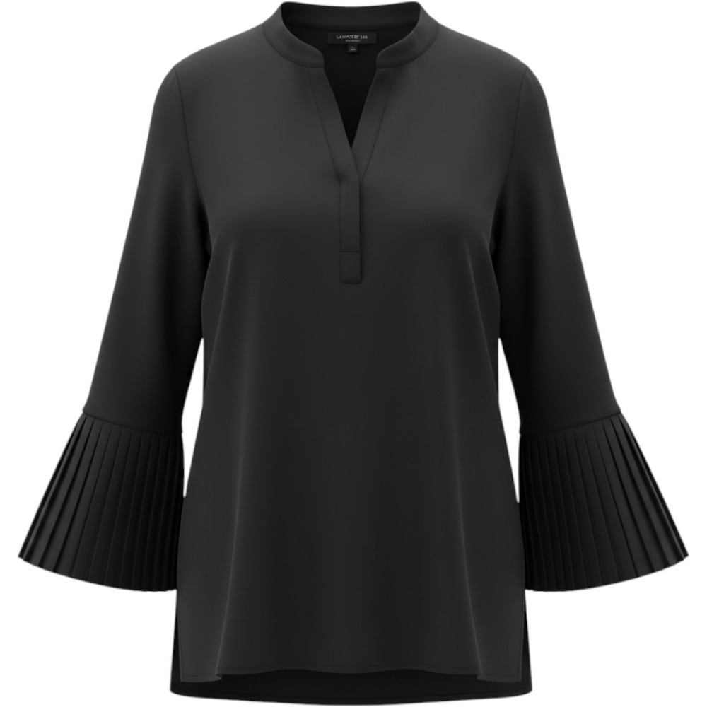 Lafayette 148 Shellie Blouse Women L Black Pleated Bell Sleeve Henley Silk Top